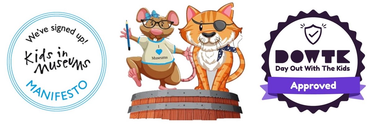 Logos from 'Kids in Museums' and 'Day out with the kids' alongside the museum mascots: Cartoon images of Mabel the Museum Mouse wearing glasses and a T-shirt reading 'I love museums', alongside Maritime Monty, a ginger cat with a piratical eyepatch and spotted blue neckcloth.